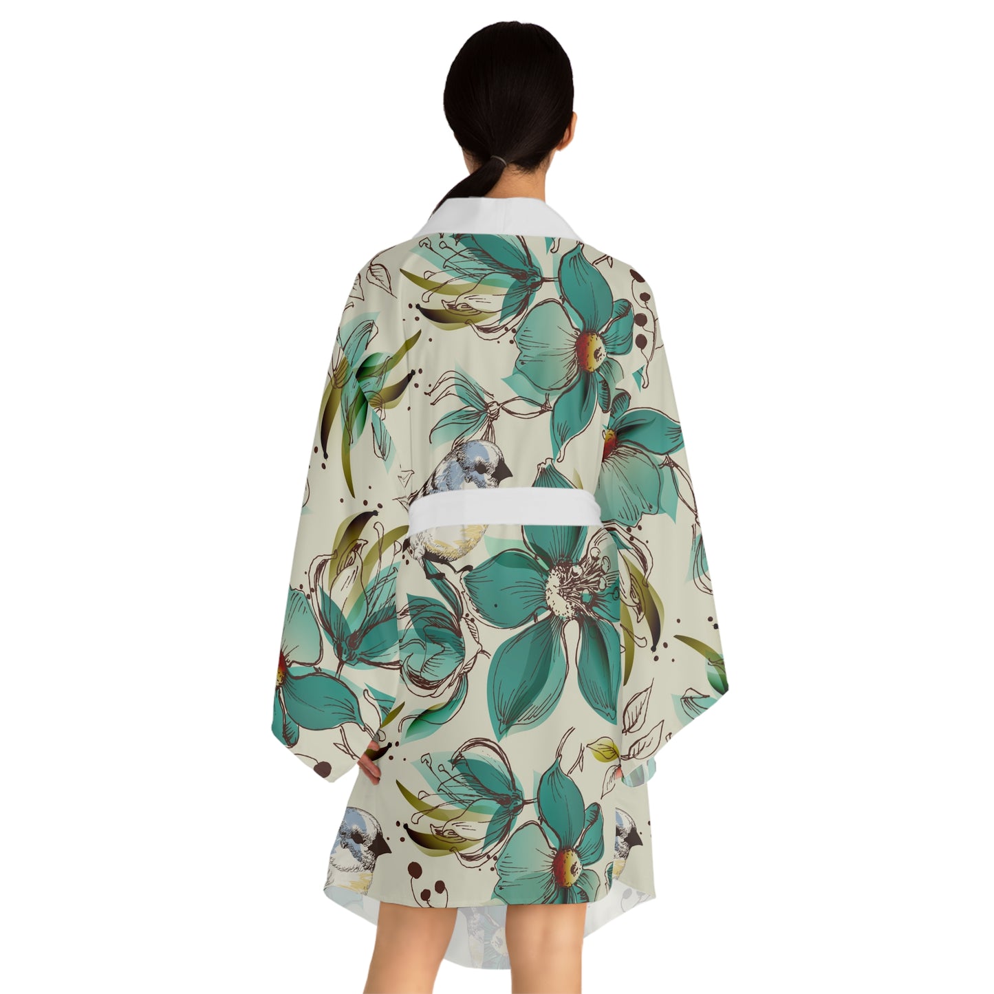 Floral Long Sleeve Kimono Robe, Loungewear, Cozy Lounge, Gift for Her, Spa Day, Relaxation Wear, Bird Print Robe
