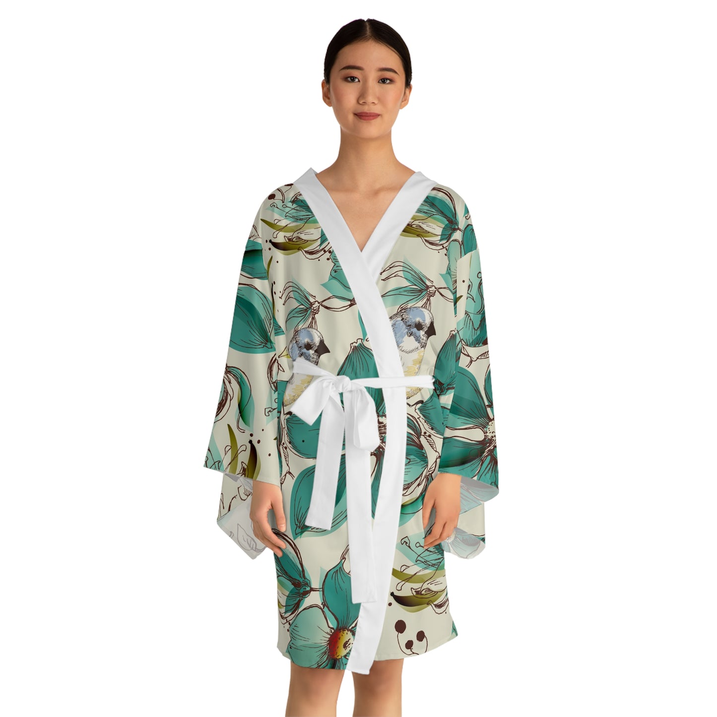 Floral Long Sleeve Kimono Robe, Loungewear, Cozy Lounge, Gift for Her, Spa Day, Relaxation Wear, Bird Print Robe
