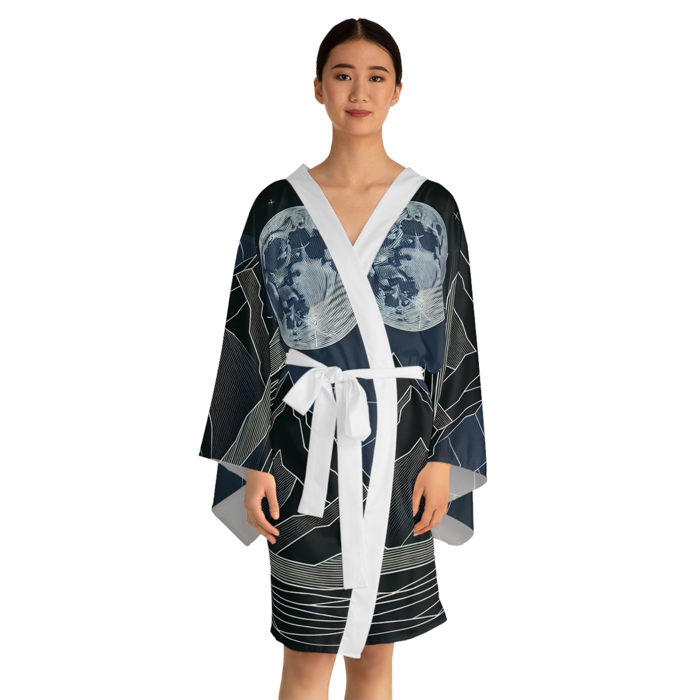 Moonlit Mountain Long Sleeve Kimono Robe, Cozy Loungewear, Boho Style, Gift for Her, Beach Cover-Up, Festival Wear, Nightwear