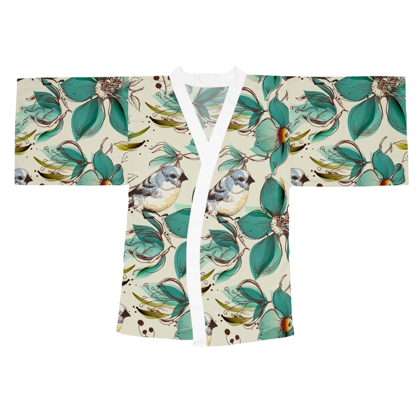 Floral Long Sleeve Kimono Robe, Loungewear, Cozy Lounge, Gift for Her, Spa Day, Relaxation Wear, Bird Print Robe