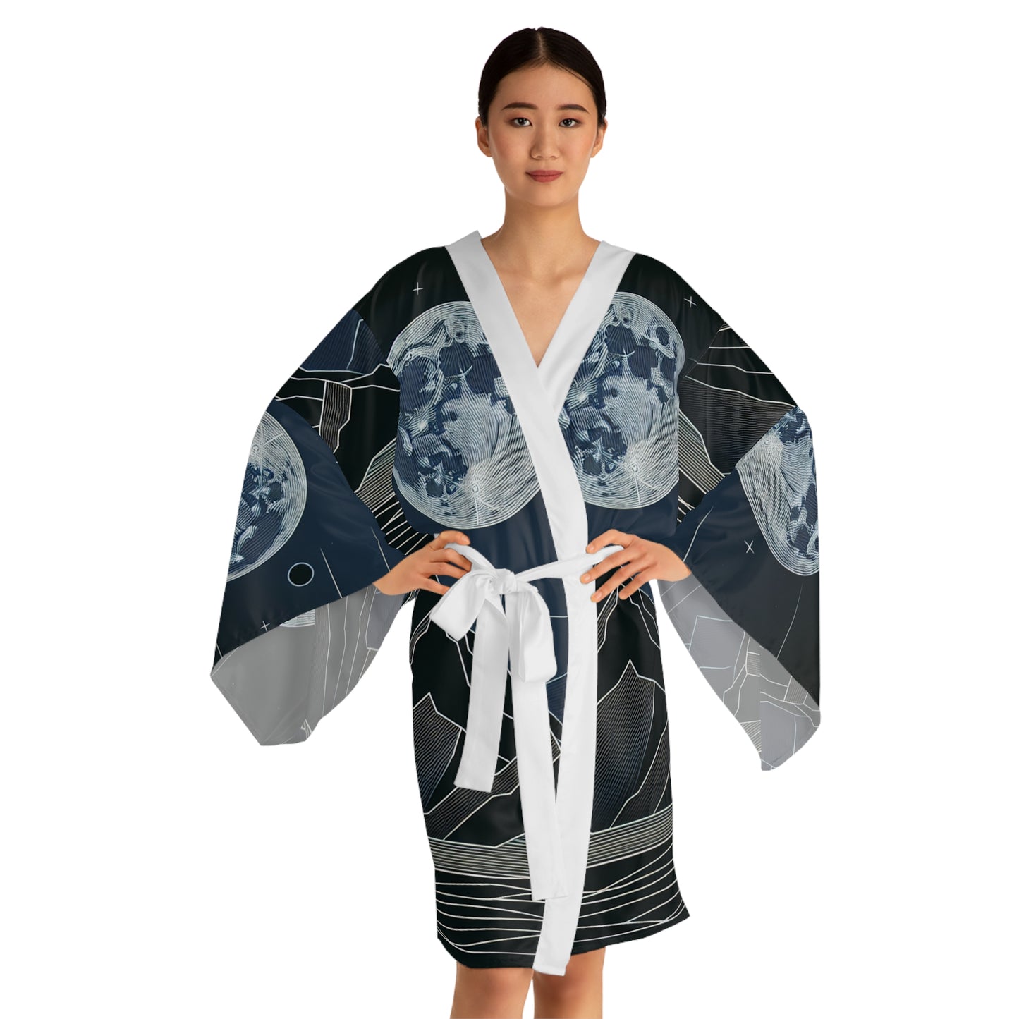 Moonlit Mountain Long Sleeve Kimono Robe, Cozy Loungewear, Boho Style, Gift for Her, Beach Cover-Up, Festival Wear, Nightwear